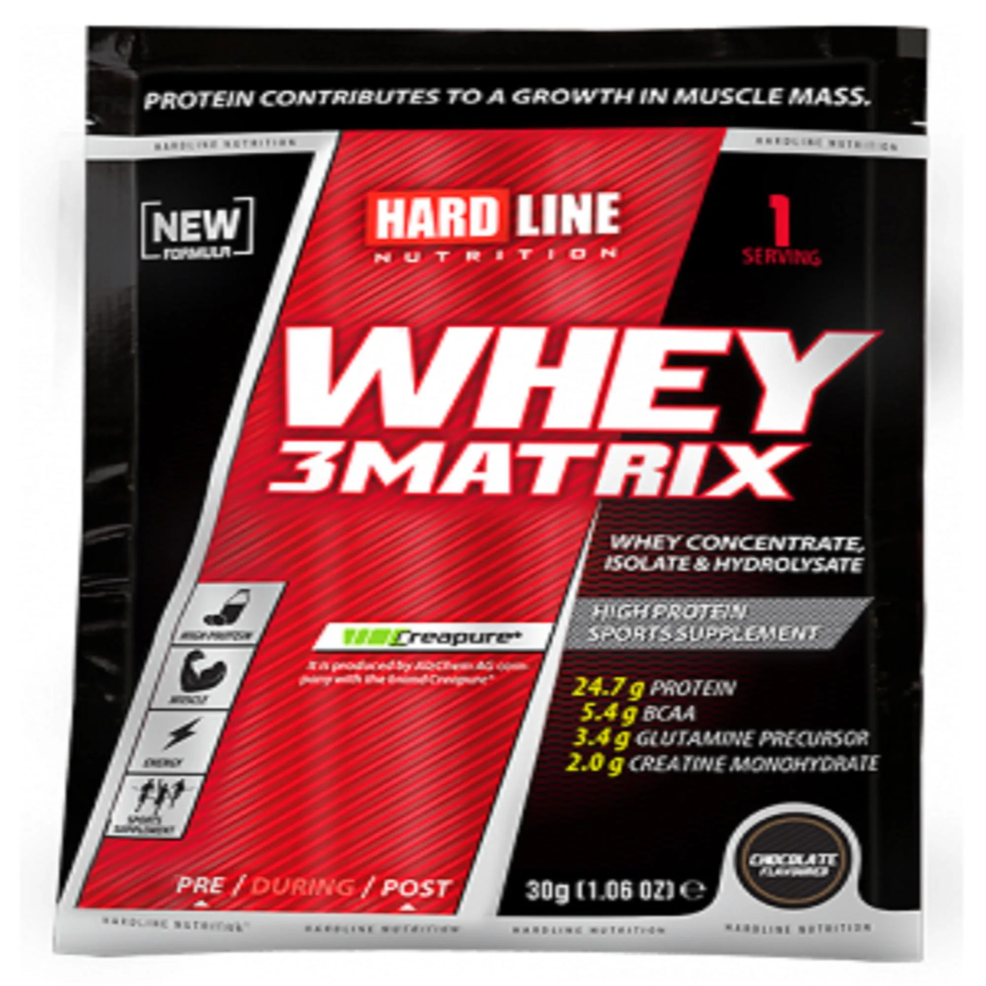 پروتئین وی Hardline مدل Whey 3 Matrix – طعم شکلات – ۳۰ گرمی (تک‌نفره)