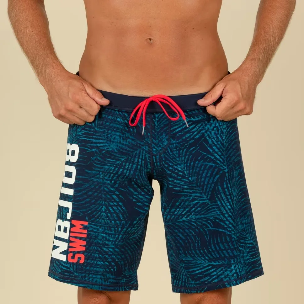 شورت شنا مردانه بلند - آبی نفتی با الگوی درخت نخل - NABAIJI 100