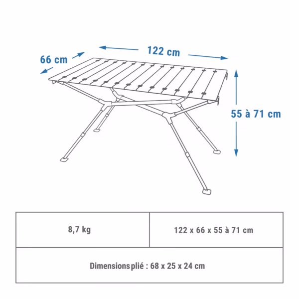 میز کمپینگ QUECHUA سطح چوبی ظرفیت 4/6 نفر