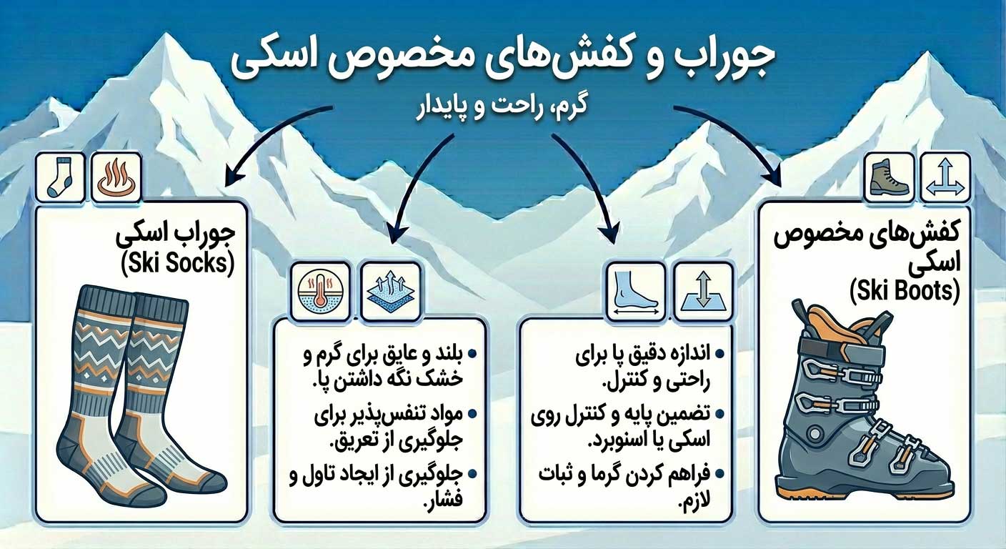 جوراب و کفش‌های مخصوص اسکی
