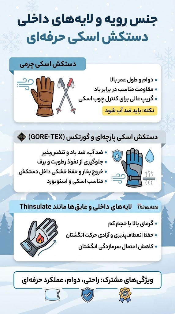 جنس رویه و لایه‌های داخلی دستکش اسکی